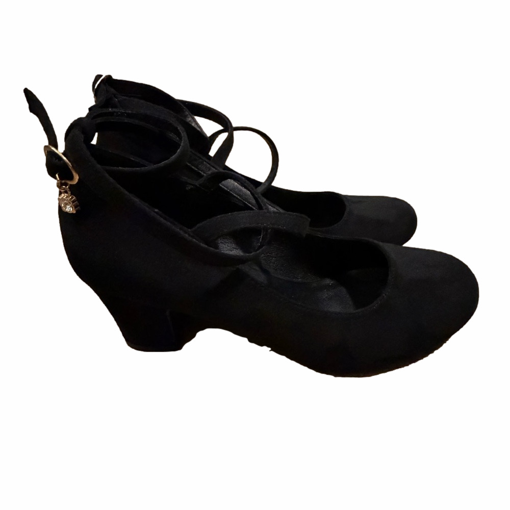 Black Mary Jane Block Heel Suede Pumps with Ankle Strap